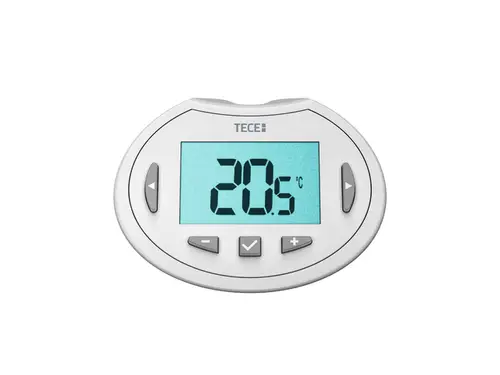 Digitale Heizkörpersteuerung von TECE mit Anzeige von 20,6 °C. Einfache Tasten für Temperaturjustierung und Bestätigung. Kompakte Bauform, geeignet für die Wandmontage.